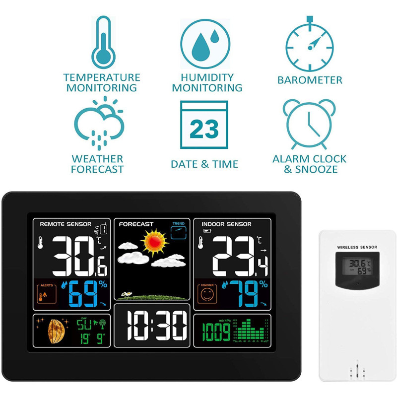 Цифрова метеостанція Kalawen: Великий кольоровий РК-екран та бездротовий. Сенсор - білий
