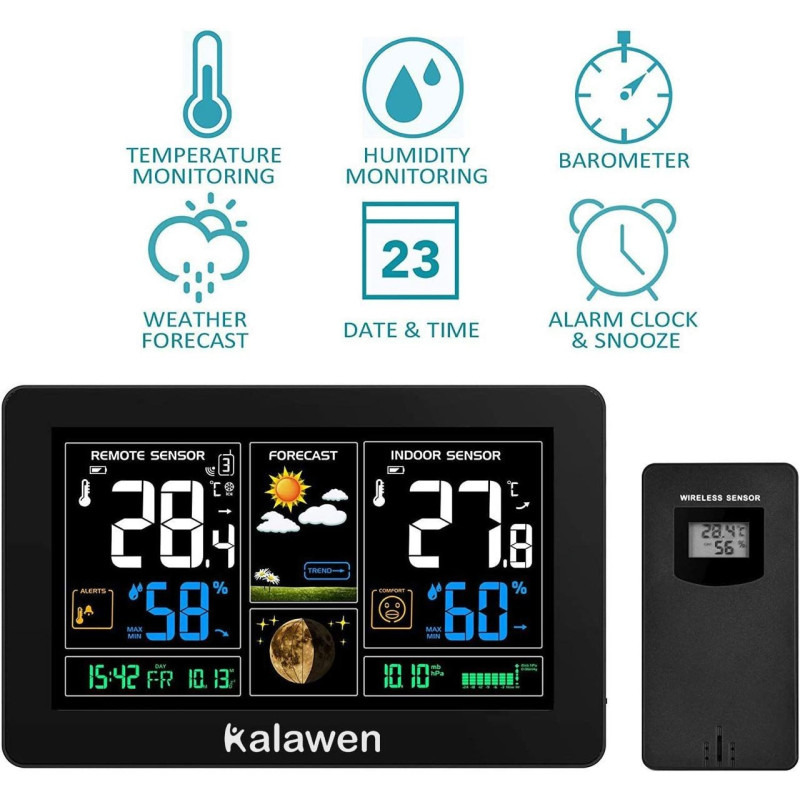 Цифрова метеостанція Kalawen: Великий кольоровий РК-екран та бездротовий. Сенсор - чорний