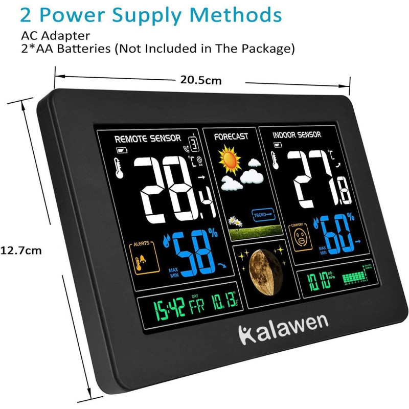 Цифрова метеостанція Kalawen: Великий кольоровий РК-екран та бездротовий. Сенсор - чорний