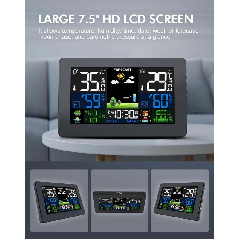Метеостанція VOKSUN з бездротовим датчиком: Кольоровий РК-дисплей, барометр та фази місяця