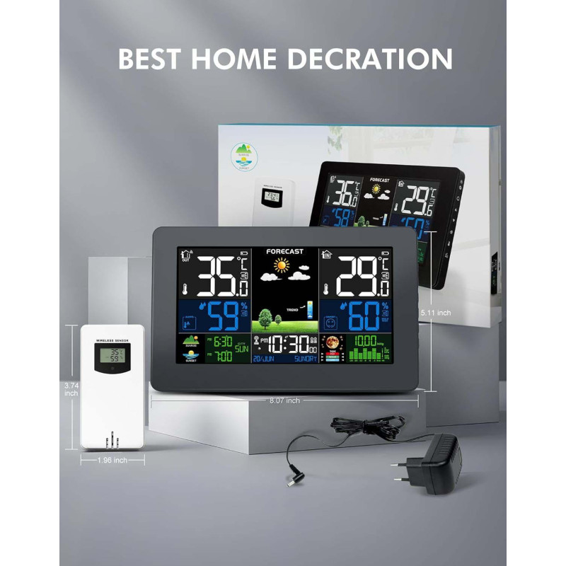 Метеостанція VOKSUN з бездротовим датчиком: Кольоровий РК-дисплей, барометр та фази місяця