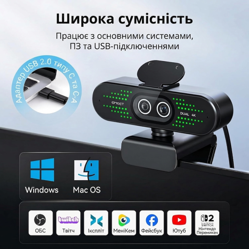 Веб-камера з подвійною лінзою eMeet Nova Dual 4K (11х зум, PDAF, Пульт ДУ) (Чорна)