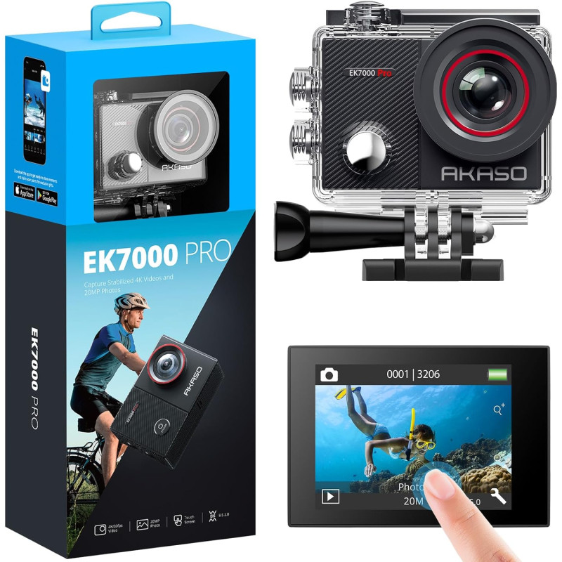 Екшн-Камера Akaso EK7000 Pro 4K 20MP: EIS, Сенсорний Екран, 40м Водонепроникність (Сірий)