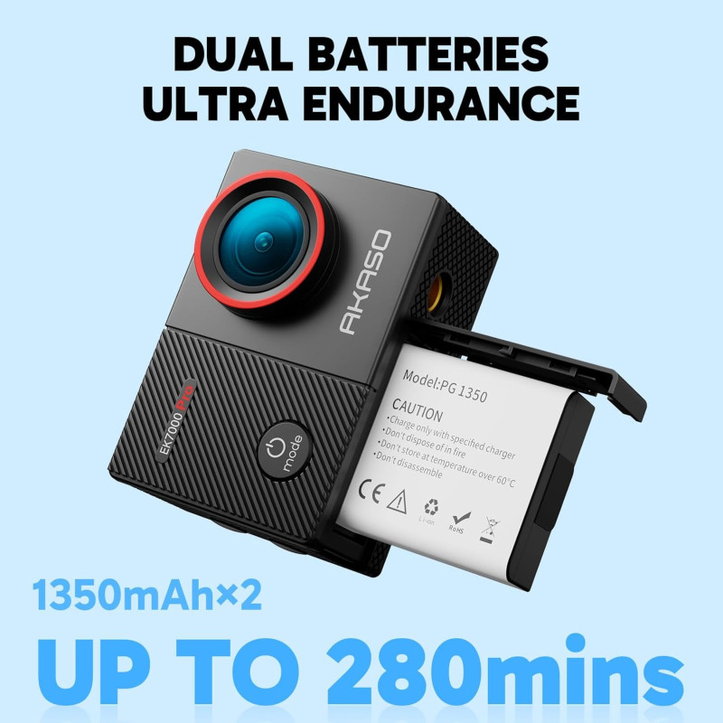 Екшн-Камера Akaso EK7000 Pro 4K 20MP: EIS, Сенсорний Екран, 40м Водонепроникність (Сірий)